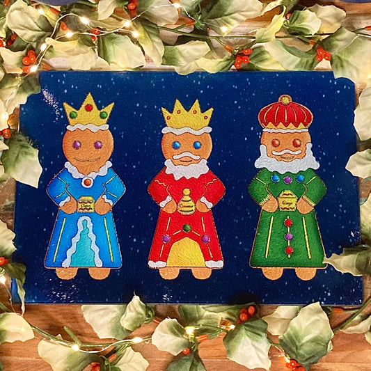 Three Wise Gingerbread Men Glass Christmas Chopping Board