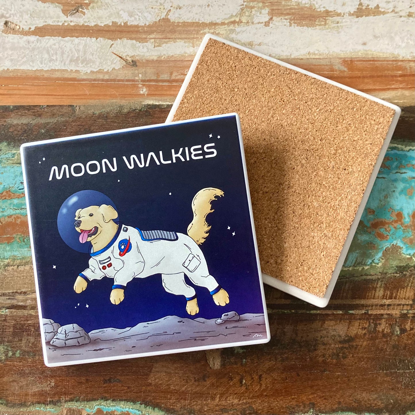 Moon Walkies Astronaut Dog Ceramic Coaster