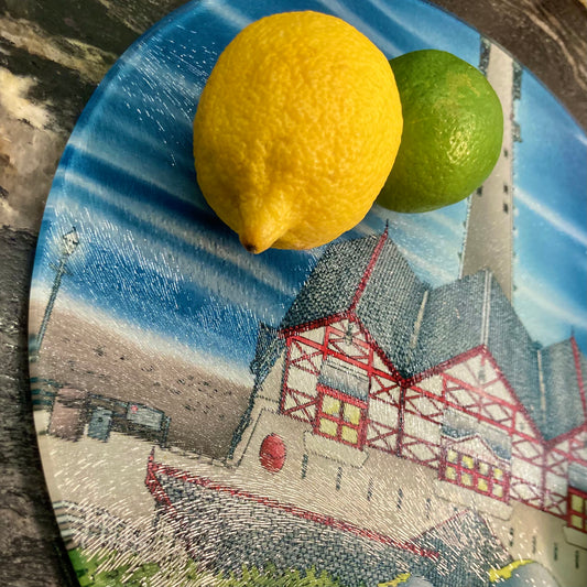 Saltburn Pier and Cliff Lift Round Glass Chopping Board