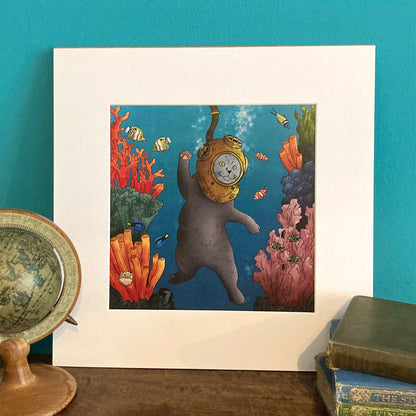 Expawer of the Deep Diving Cat Mounted Giclée Art Print
