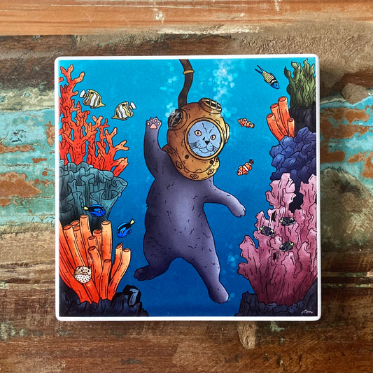 Catfish: Expawer of the Deep Diving Cat Ceramic Coaster
