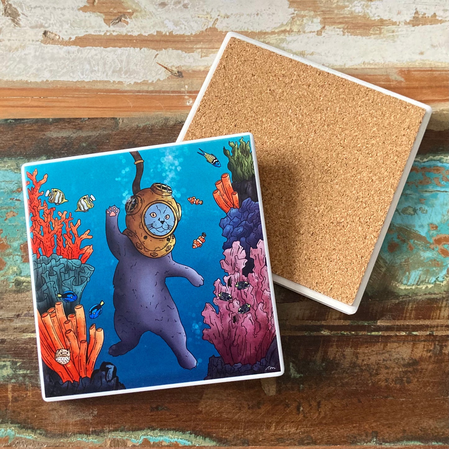 Catfish: Expawer of the Deep Diving Cat Ceramic Coaster