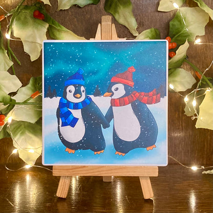 Winter Penguins Christmas Ceramic Coaster