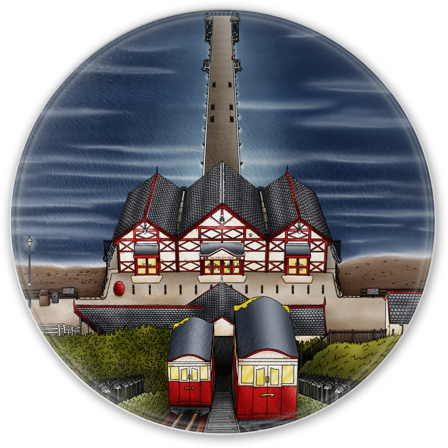 Saltburn Pier and Cliff Lift Round Glass Chopping Board
