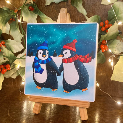 Winter Penguins Christmas Ceramic Coaster