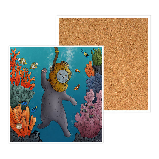 Expawer of the Deep Diving Cat Ceramic Coaster