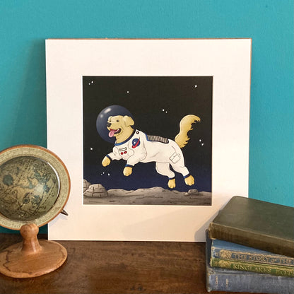 Moon Walkies Astronaut Dog Mounted Giclée Art Print