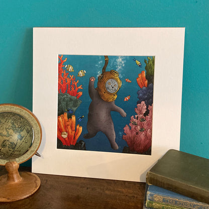 Expawer of the Deep Diving Cat Mounted Giclée Art Print