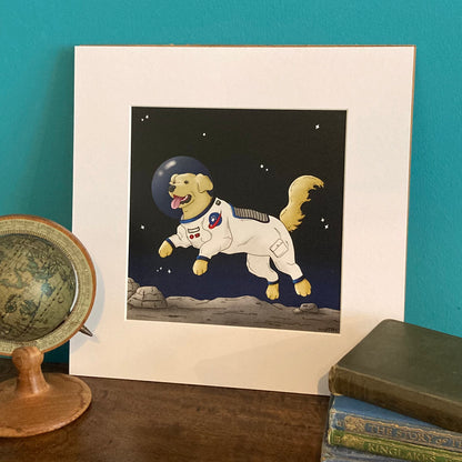 Moon Walkies Astronaut Dog Mounted Giclée Art Print