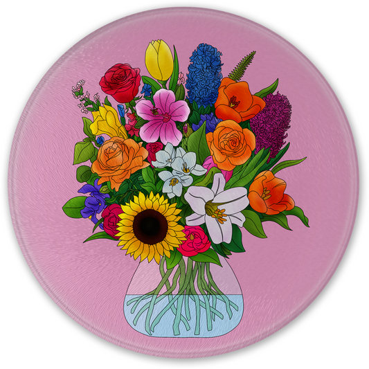Vase of Flowers Round Glass Chopping Board
