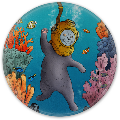 Expawer of the Deep Diving Cat Round Glass Chopping Board